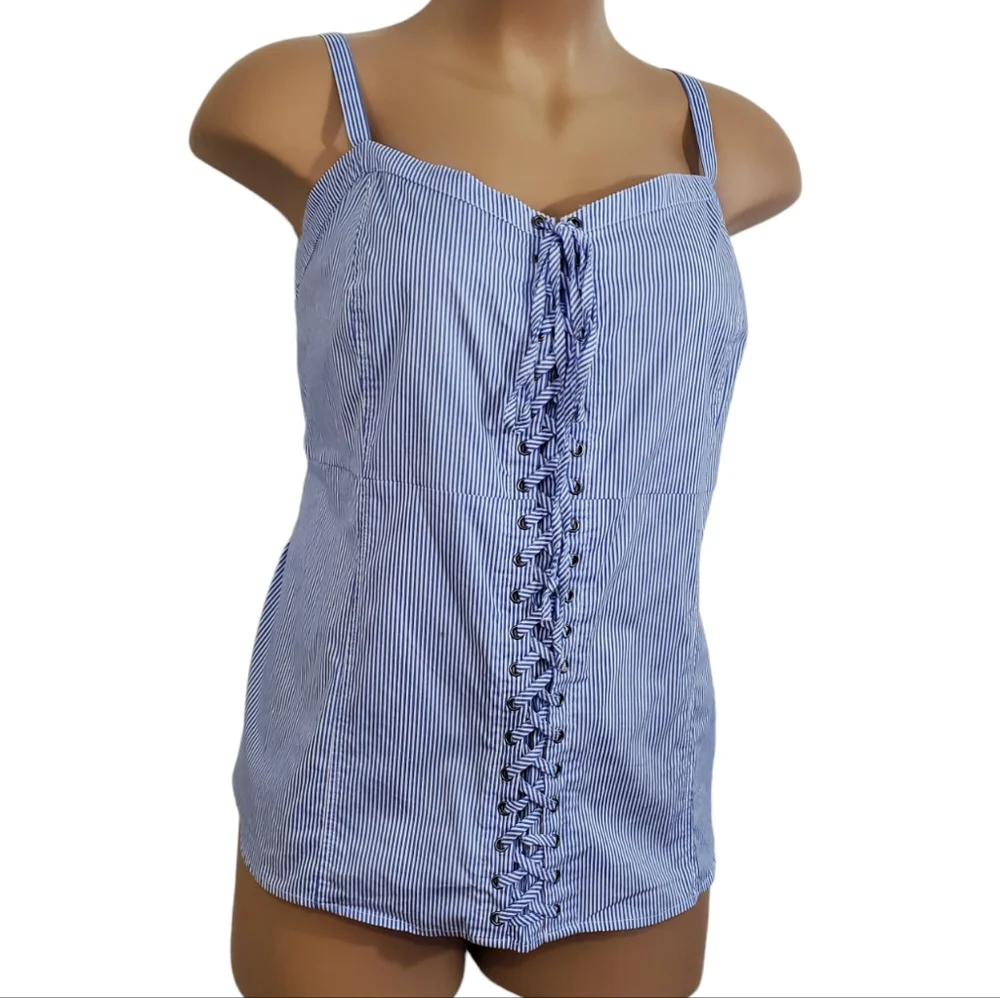 TORRID  ( 5X ) Blue Striped Poplin Lace-Up Cami Corset Eyelets Lace-up  Zip Top - Picture 2 of 13